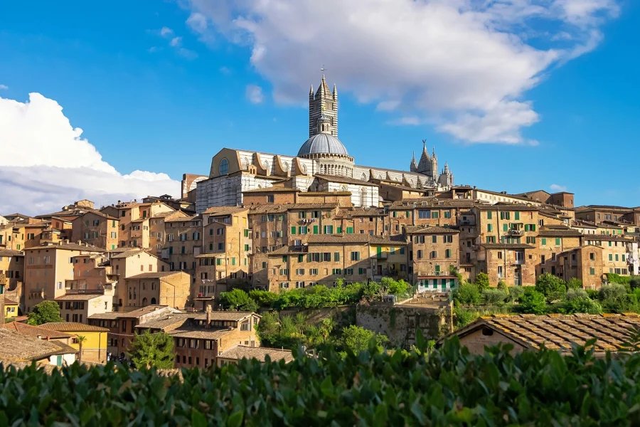 Panoramic view of Siena’s terracotta rooftops and the Cathedral of Santa Maria under a bright blue sky